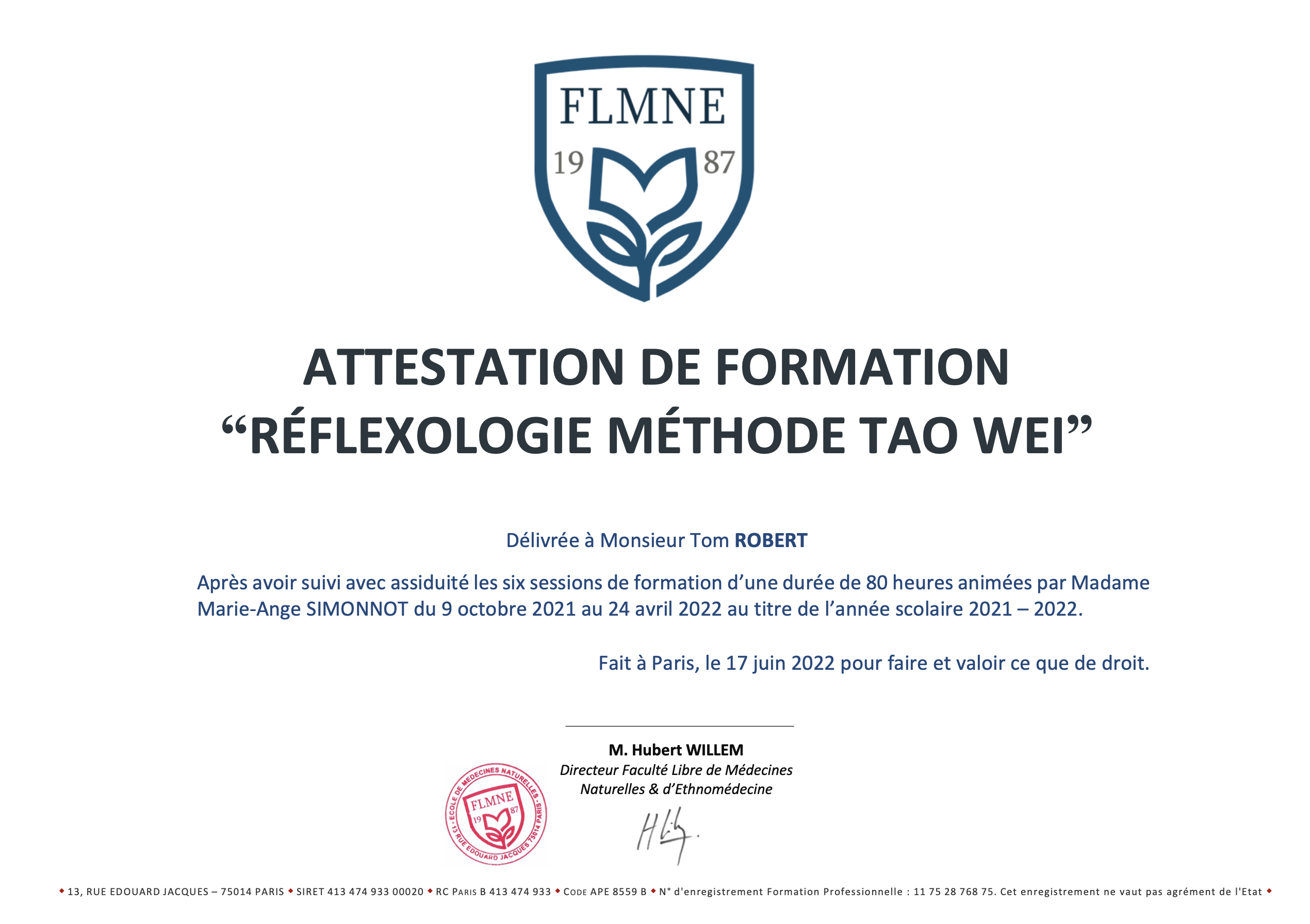 Certificat de Réflexologie Traditionnelle & Evolutive